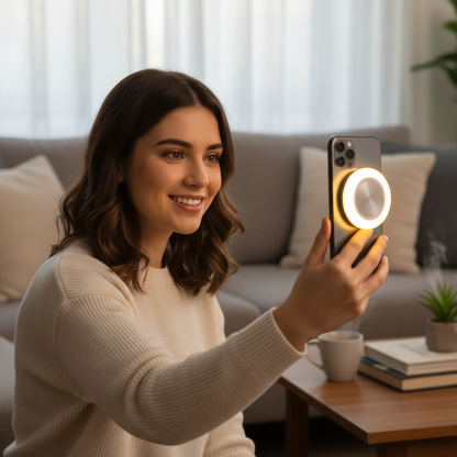 Woman using magnetic phone fill light for a selfie in warm glow mode