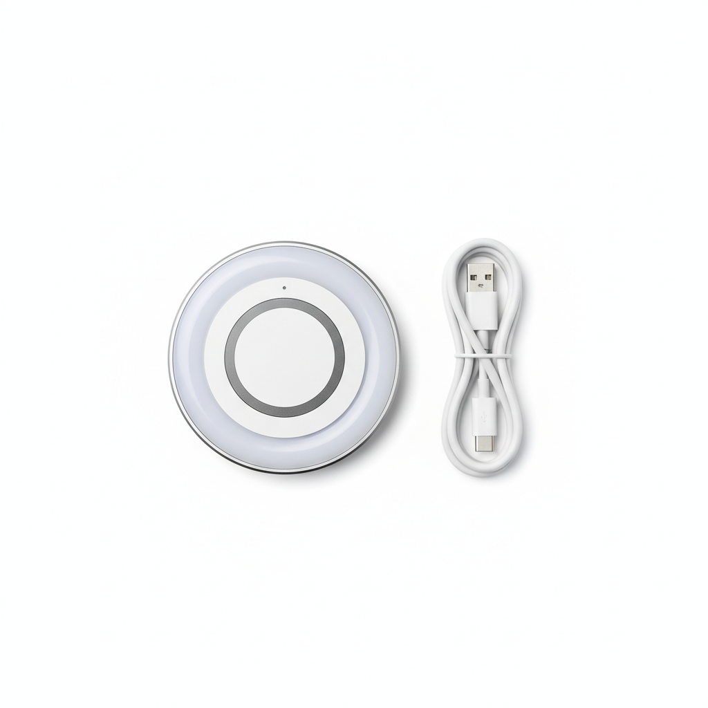Clean product shot of magnetic phone fill light with USB-C cable on white background