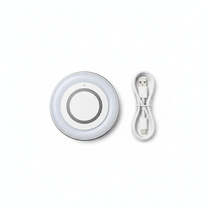 Clean product shot of magnetic phone fill light with USB-C cable on white background
